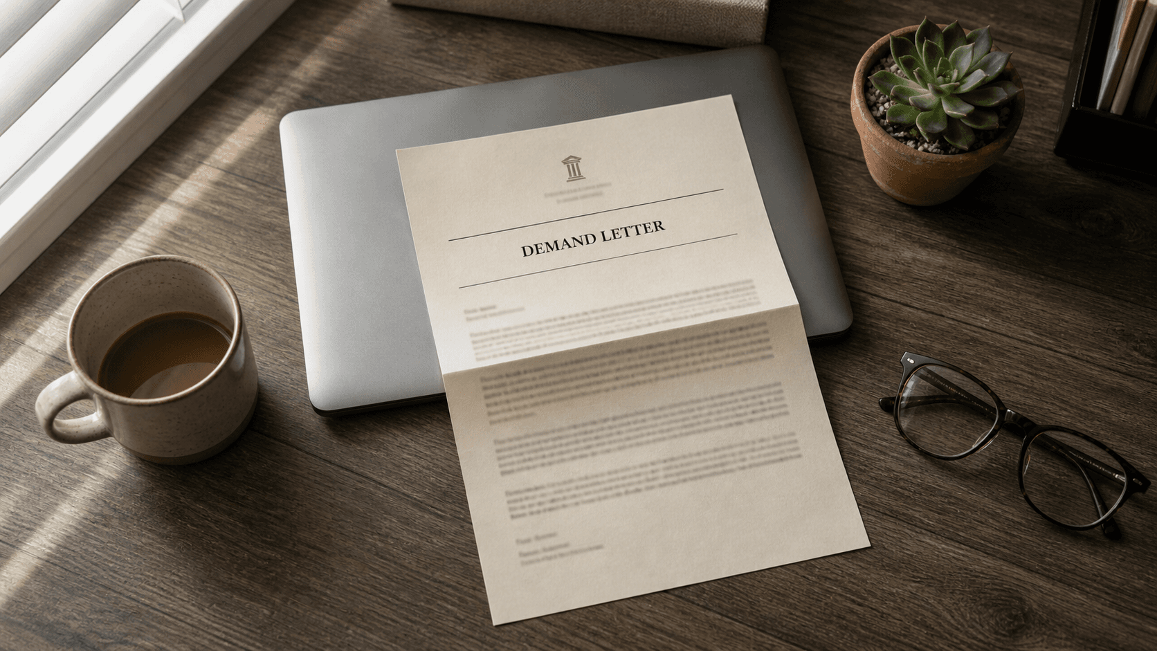A demand letter on a wooden desk with a closed laptop, coffee mug, glasses, and a small succulent